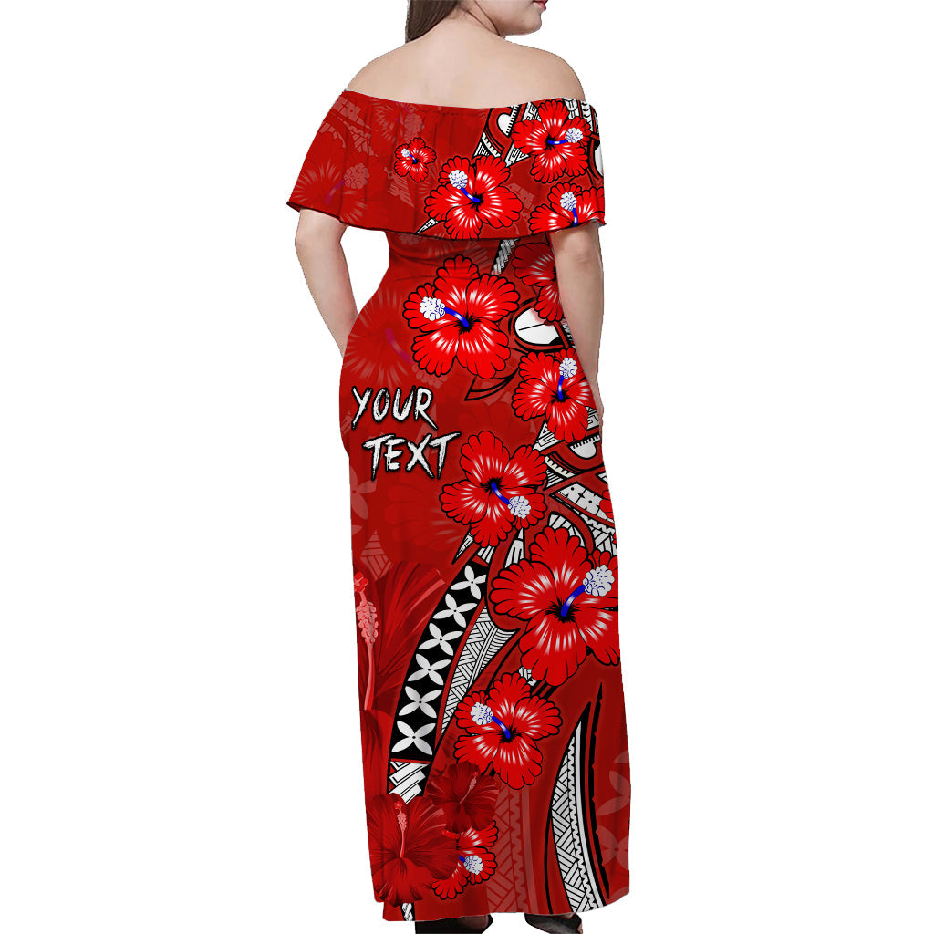Custom Personalised Hawaii Off Shoulder Long Dress Polynesia Red Hibiscus and Map Mystical