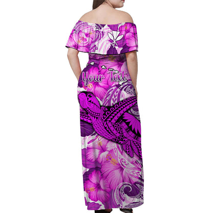 Custom Personalised Hawaii Off Shoulder Long Dress Pink Polynesian Turtle and Hibiscus