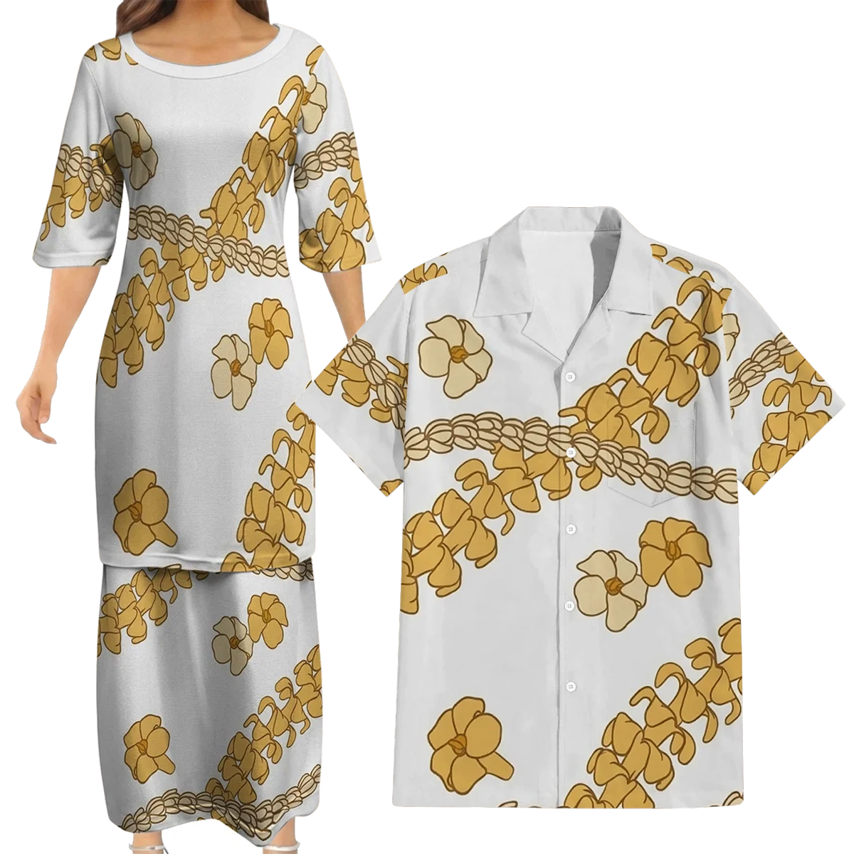 Puakenikeni Pikake Lei Curve Lei Yellow Flower Matching Outfit For Couple Island White Puletasi Dress And Shirt