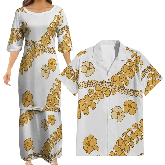 Puakenikeni Pikake Lei Curve Lei Yellow Flower Matching Outfit For Couple Island White Puletasi Dress And Shirt