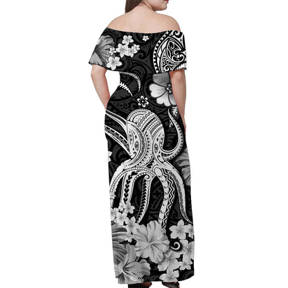 Hawaii Off Shoulder Long Dress Polynesia White Octopus