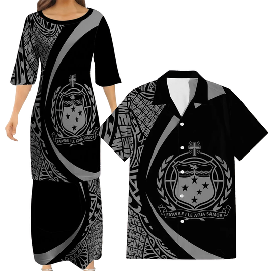 Samoa Black Outfit Matching Polynesian Tribal Leaf Pattern Black Dress And Hawaiian Shirt Curve Style
