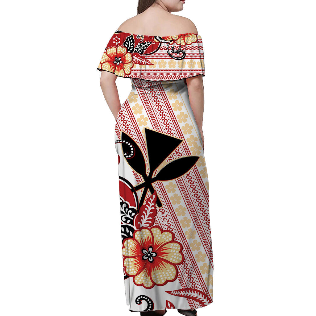 Hawaii Off Shoulder Long Dress Kakau Tribal Red Batik Floral Ver.02