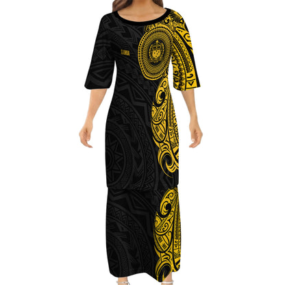 Samoa Black Outfit Matching Polynesian Tribal Pattern Yellow Dress And Hawaiian Shirt