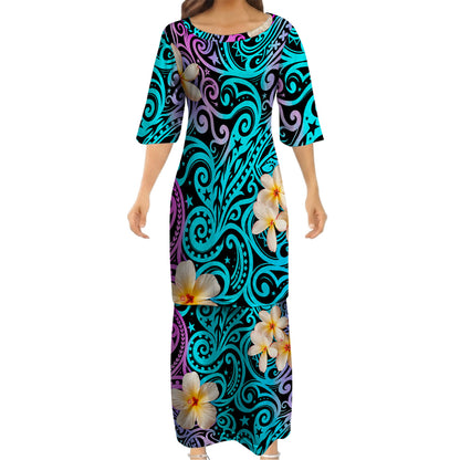 Plumeria Flowers Pattern Yellow Matching Outfit For Couple Island Polynesian Tribal Puletasi Dress And Shirt
