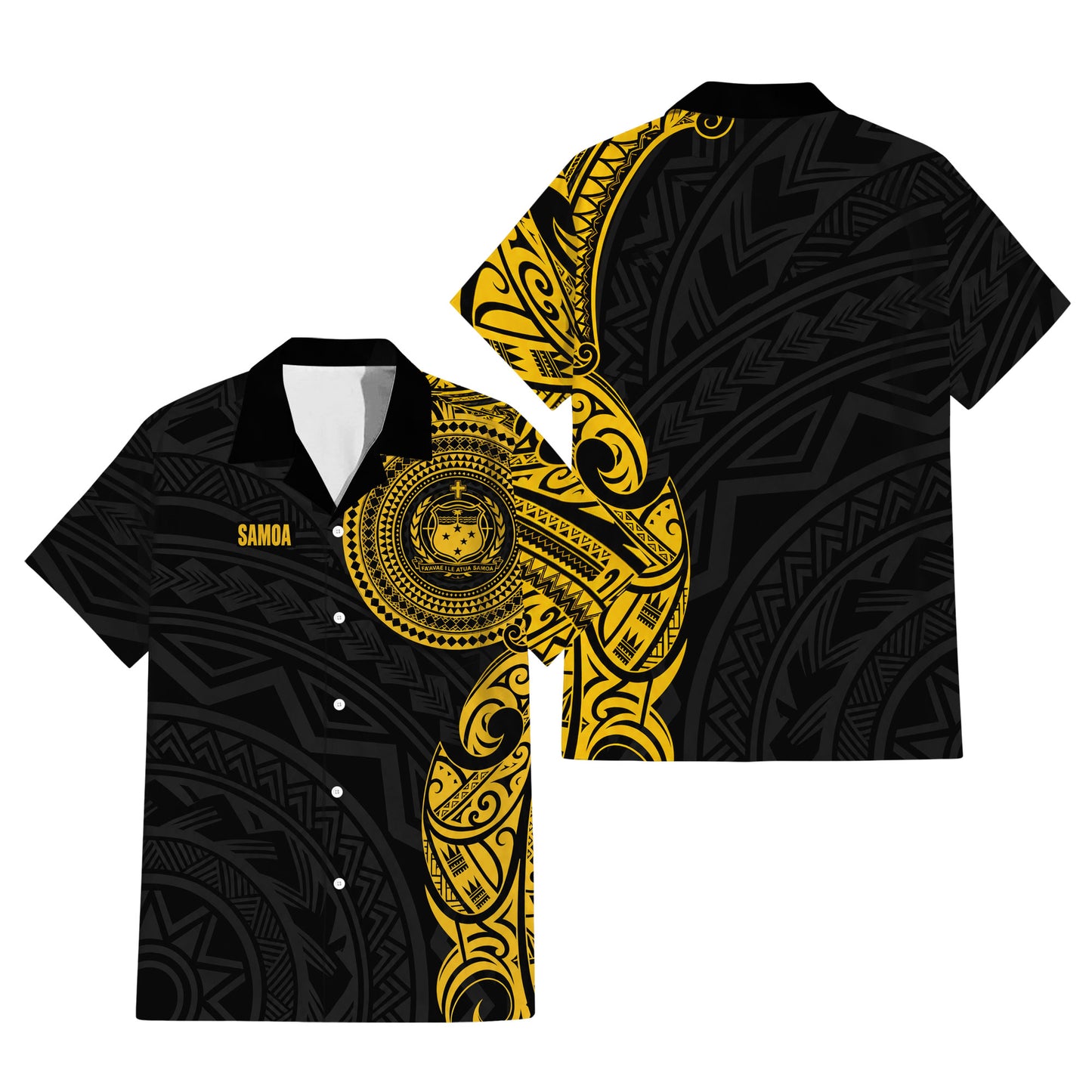 Samoa Black Outfit Matching Polynesian Tribal Pattern Yellow Dress And Hawaiian Shirt