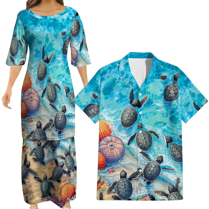 Polynesian Sea Turtle Matching Outfit For Couple Island Puletasi Dress And Hawaiian Shirt For Her Him