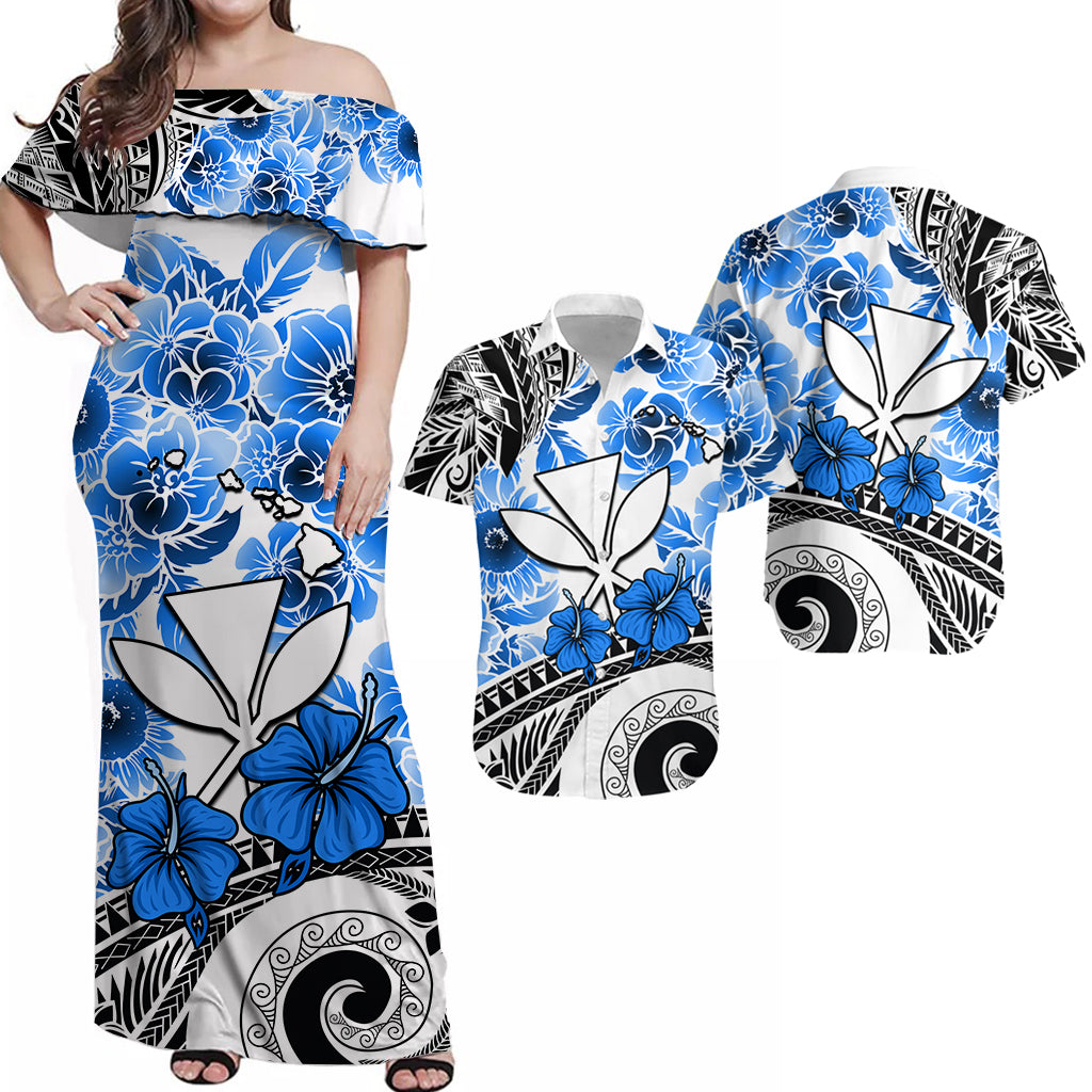 Matching Hawaiian Outfits For Couples Hawaii Combo Dress and Hawaiian Shirt Polynesian and Blue Hibiscus