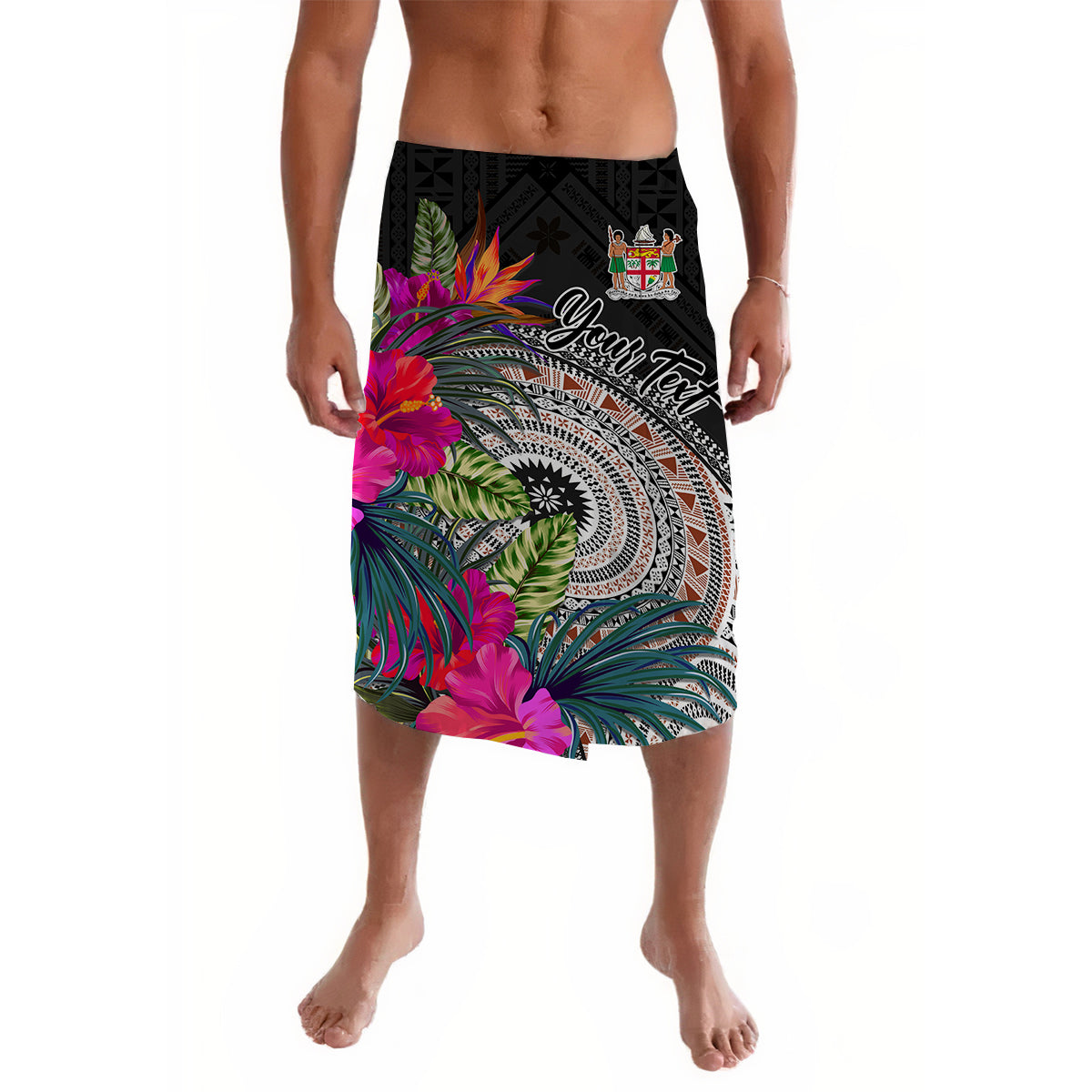 (Custom Personalised) Fiji Tapa Lavalava Black Fijian Masi Be Loved Hibiscus