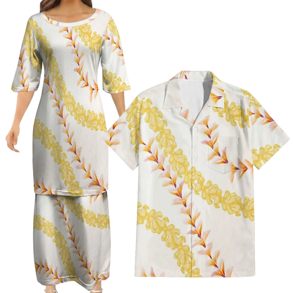 Puakenikeni Pikake Lei Curve Lei Flower Matching Outfit For Couple Island Puletasi Dress And Shirt