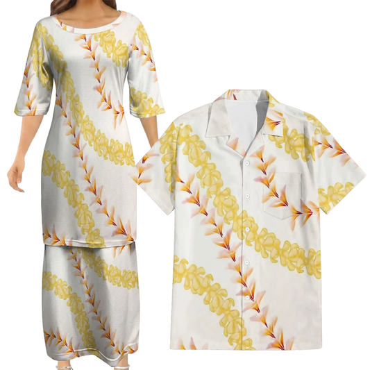 Puakenikeni Pikake Lei Curve Lei Flower Matching Outfit For Couple Island Puletasi Dress And Shirt