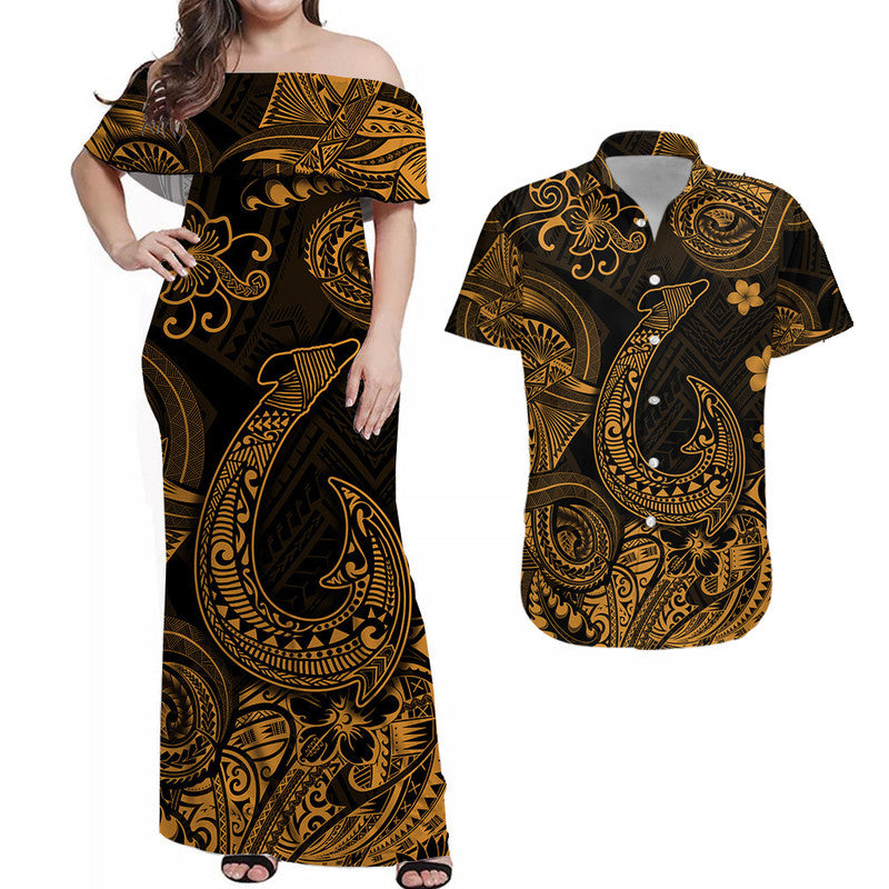 Hawaii Fish Hook Polynesian Combo Dress and Hawaiian Shirt Matching Couples Outfit Unique Style Gold