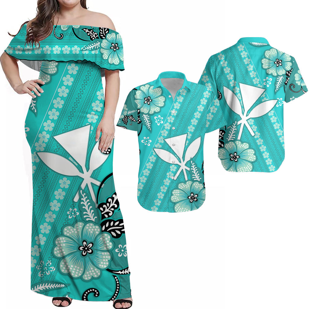 Hawaiian Matching Outfits For Couples Hawaii Combo Dress and Hawaiian Shirt Kakau Tribal Turquoise Batik Floral Ver.01