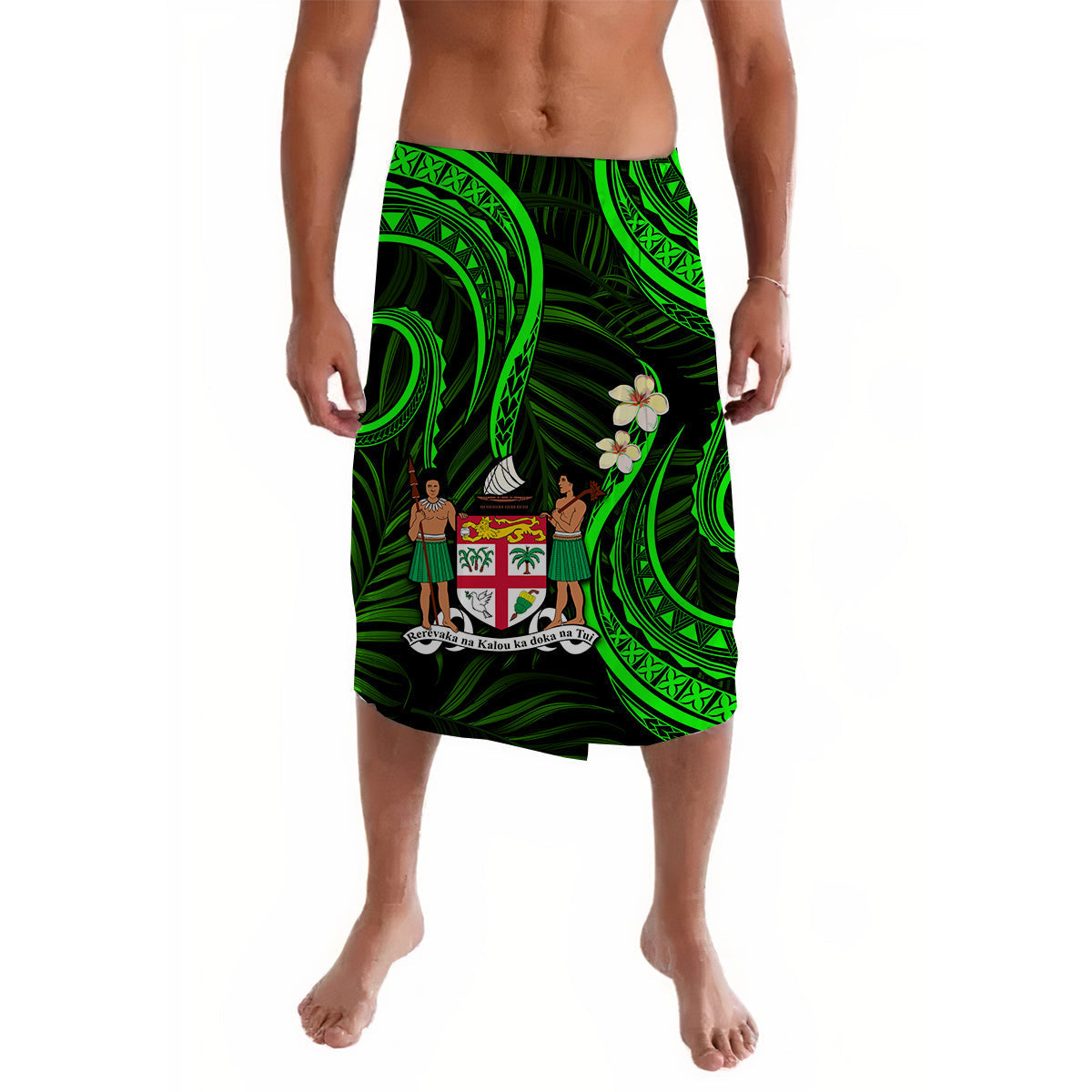 Fiji Coat of Arms Lavalava Polynesian Mix Green Coconut Pattern