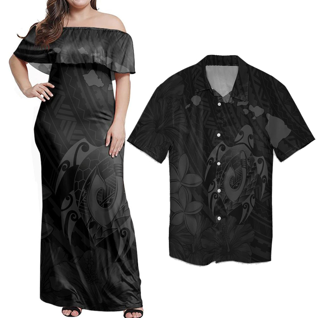 Matching Hawaiian Outfits Combo Dress And Shirt Hawaiian Map Turtle Plumeria Hibiscus Fish Hook Polynesian Grey