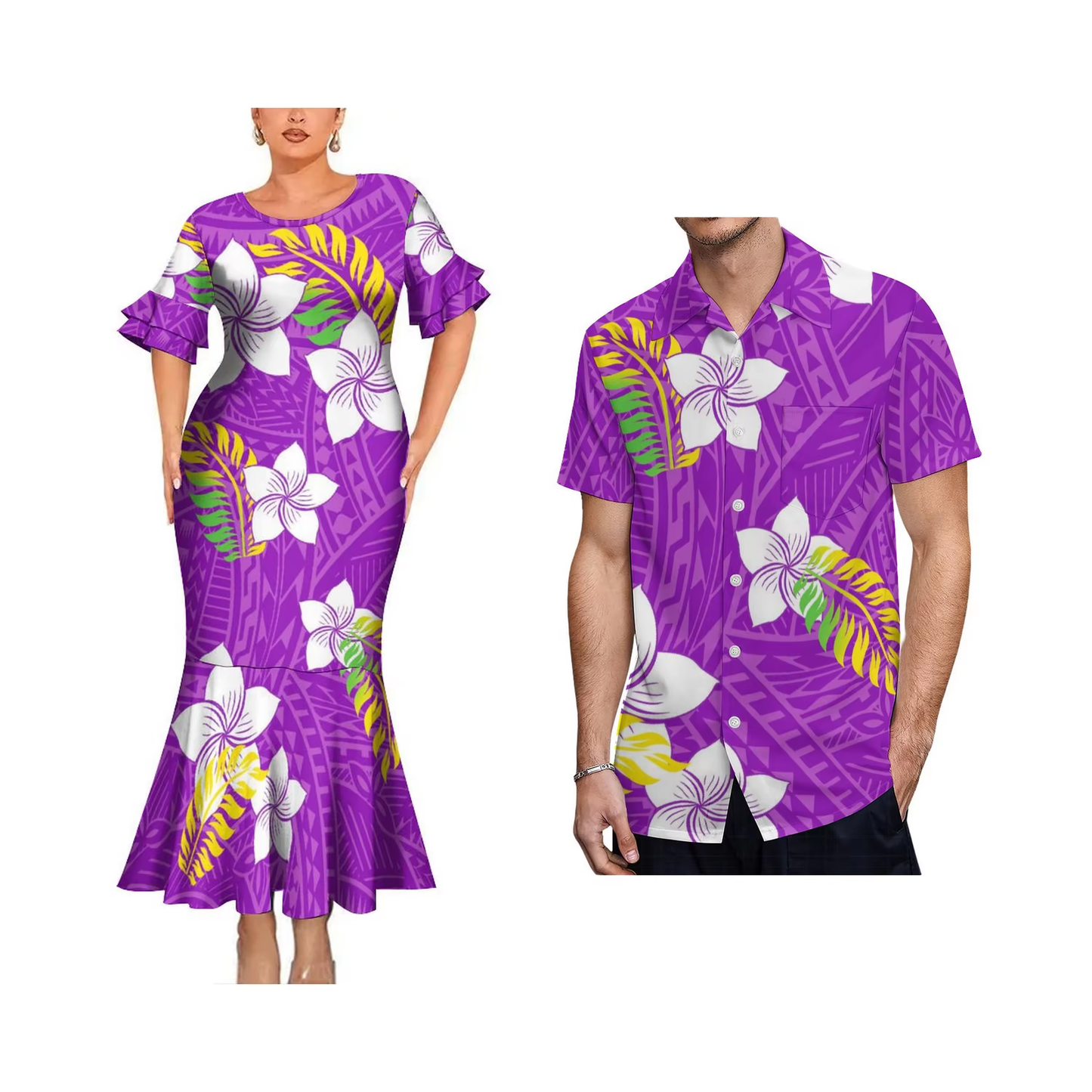 Purple Polynesian Tropical Flowers Couple Matching Outfit Women Crew Neck Mermaid Dress and Shirt