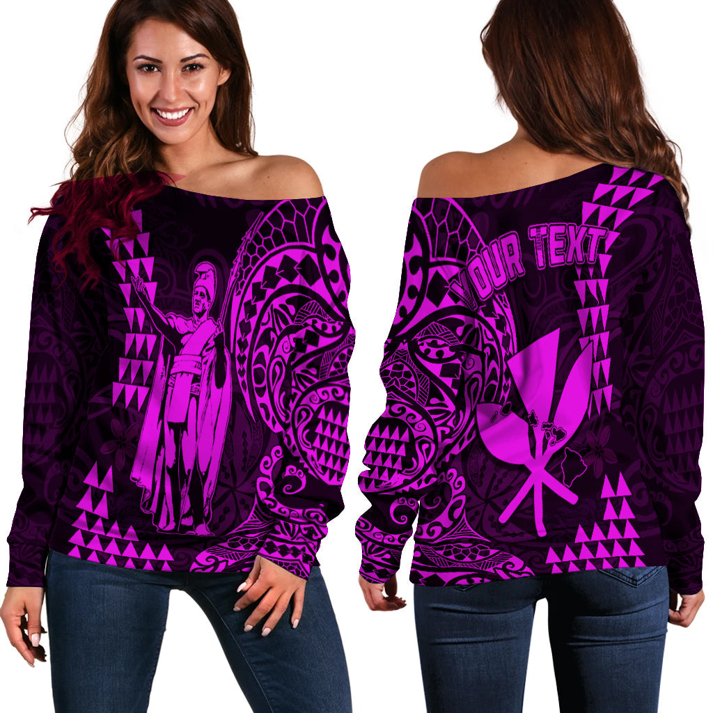 (Custom Personalised) Hawaii Day Kakau Off Shoulder Sweater Proud To Be Hawaiian Purple King Kamehameha and Kanaka Maoli