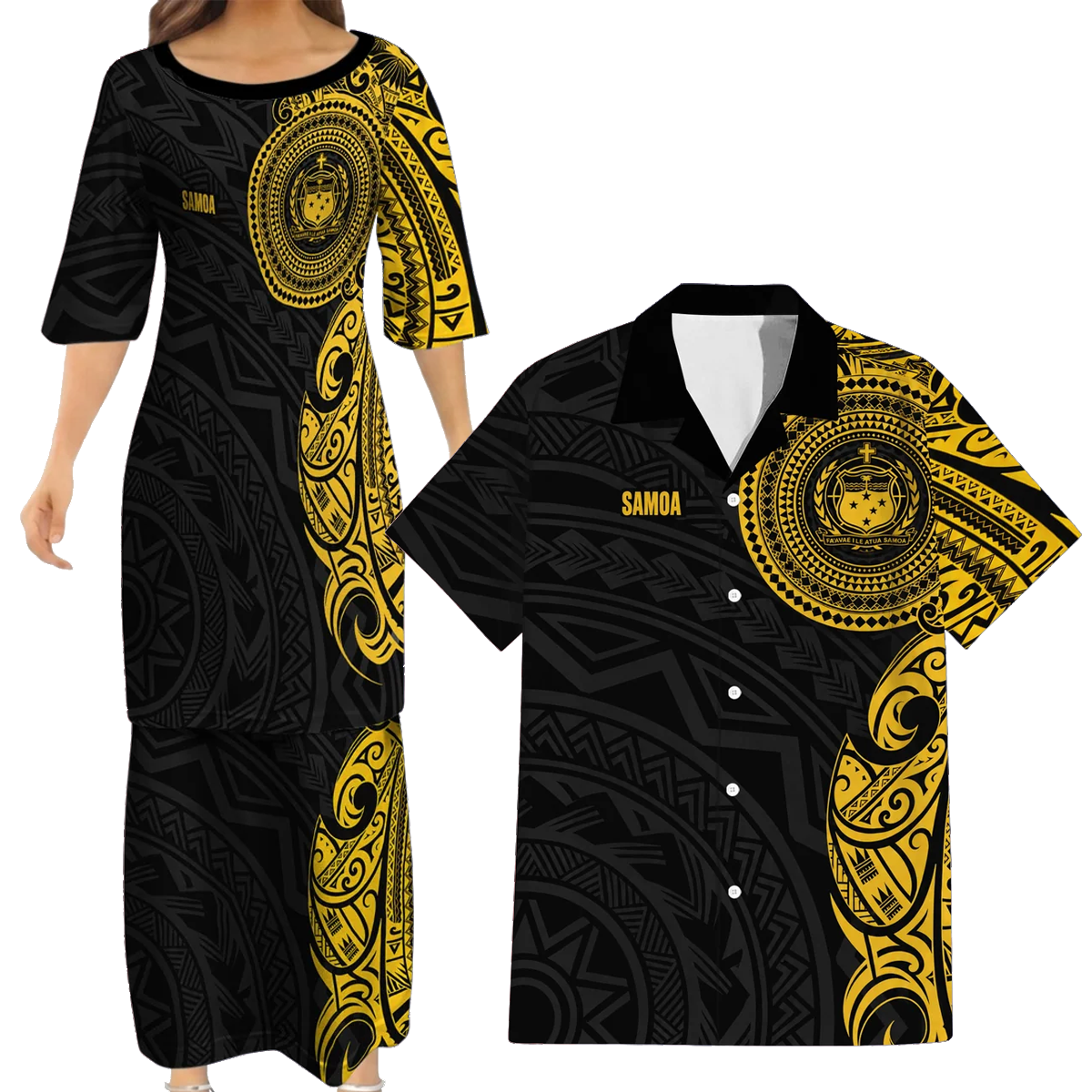 Samoa Black Outfit Matching Polynesian Tribal Pattern Yellow Dress And Hawaiian Shirt