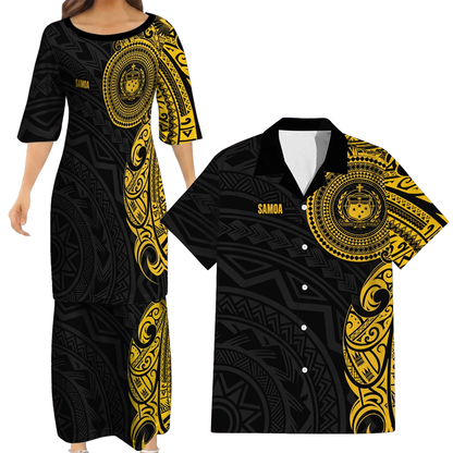 Samoa Black Outfit Matching Polynesian Tribal Pattern Yellow Dress And Hawaiian Shirt