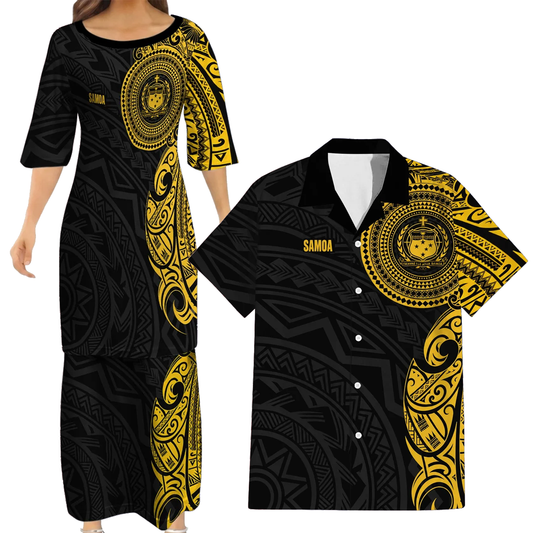 Samoa Black Outfit Matching Polynesian Tribal Pattern Yellow Dress And Hawaiian Shirt