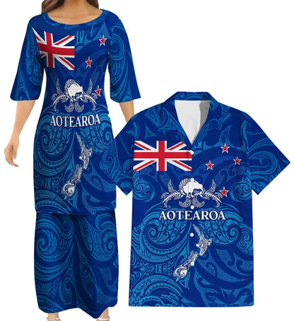 New Zealand Matching Outfit For Couple NZ Kiwi Bird Puletasi Dress And Hawaiian Shirt For Her Him