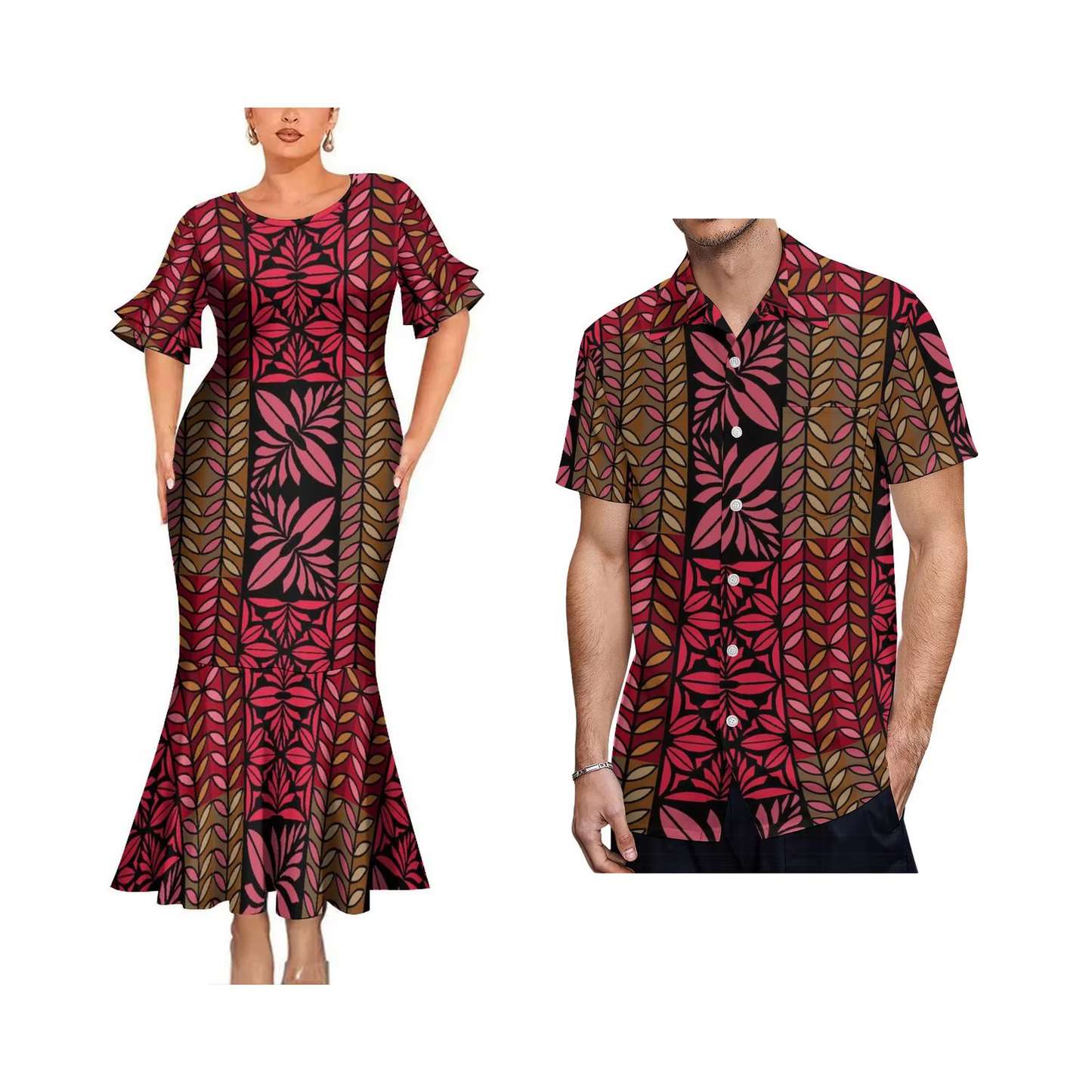 Geometric Polynesian Tribal Vintage Matching Outfit For Couple Bodycon Mermaid Dress and Shirt
