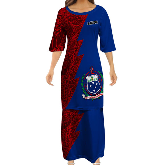 Samoa Coat Of Arms Outfit Matching Polynesian Tribal Leaf Pattern Blue Dress And Hawaiian Shirt