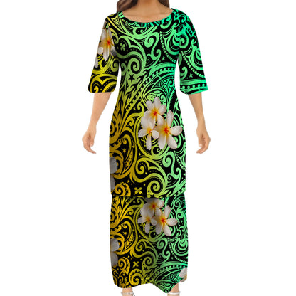 Plumeria Flowers Pattern Yellow Matching Outfit For Couple Island Polynesian Tribal Green Puletasi Dress And Shirt