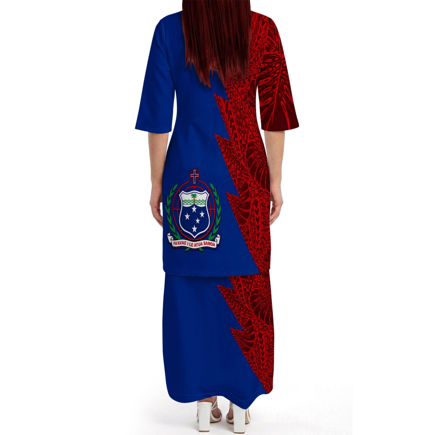 Samoa Coat Of Arms Outfit Matching Polynesian Tribal Leaf Pattern Blue Dress And Hawaiian Shirt