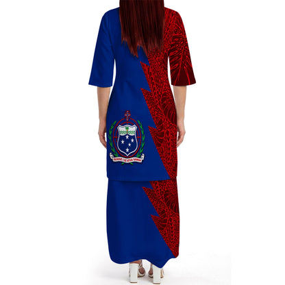 Samoa Coat Of Arms Outfit Matching Polynesian Tribal Leaf Pattern Blue Dress And Hawaiian Shirt