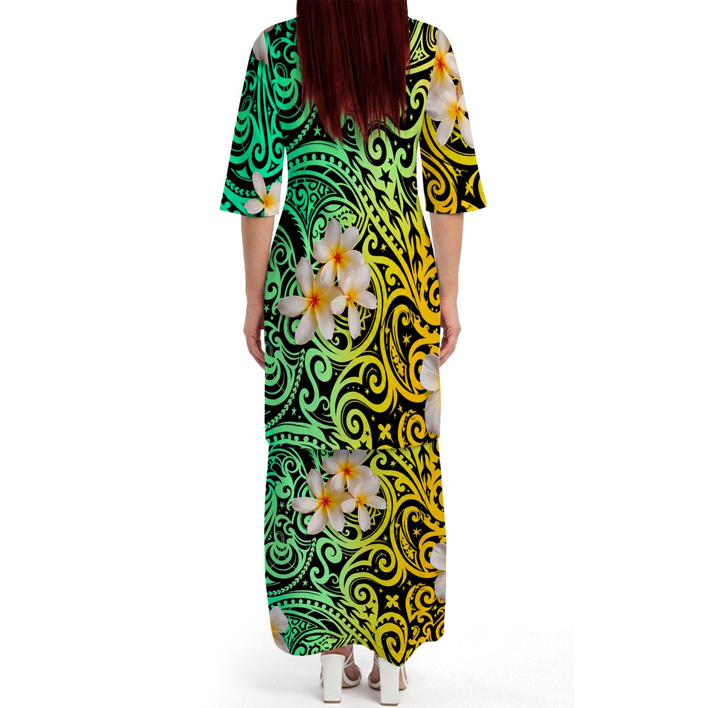Plumeria Flowers Pattern Yellow Matching Outfit For Couple Island Polynesian Tribal Green Puletasi Dress And Shirt