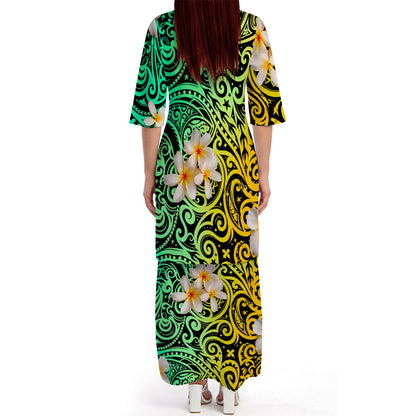 Plumeria Flowers Pattern Yellow Matching Outfit For Couple Island Polynesian Tribal Green Puletasi Dress And Shirt