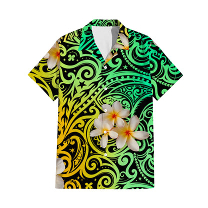 Plumeria Flowers Pattern Yellow Matching Outfit For Couple Island Polynesian Tribal Green Puletasi Dress And Shirt