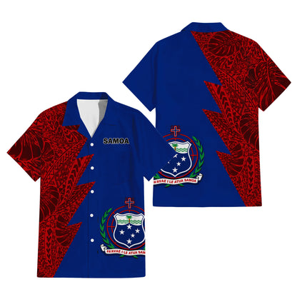 Samoa Coat Of Arms Outfit Matching Polynesian Tribal Leaf Pattern Blue Dress And Hawaiian Shirt