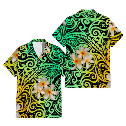 Plumeria Flowers Pattern Yellow Matching Outfit For Couple Island Polynesian Tribal Green Puletasi Dress And Shirt