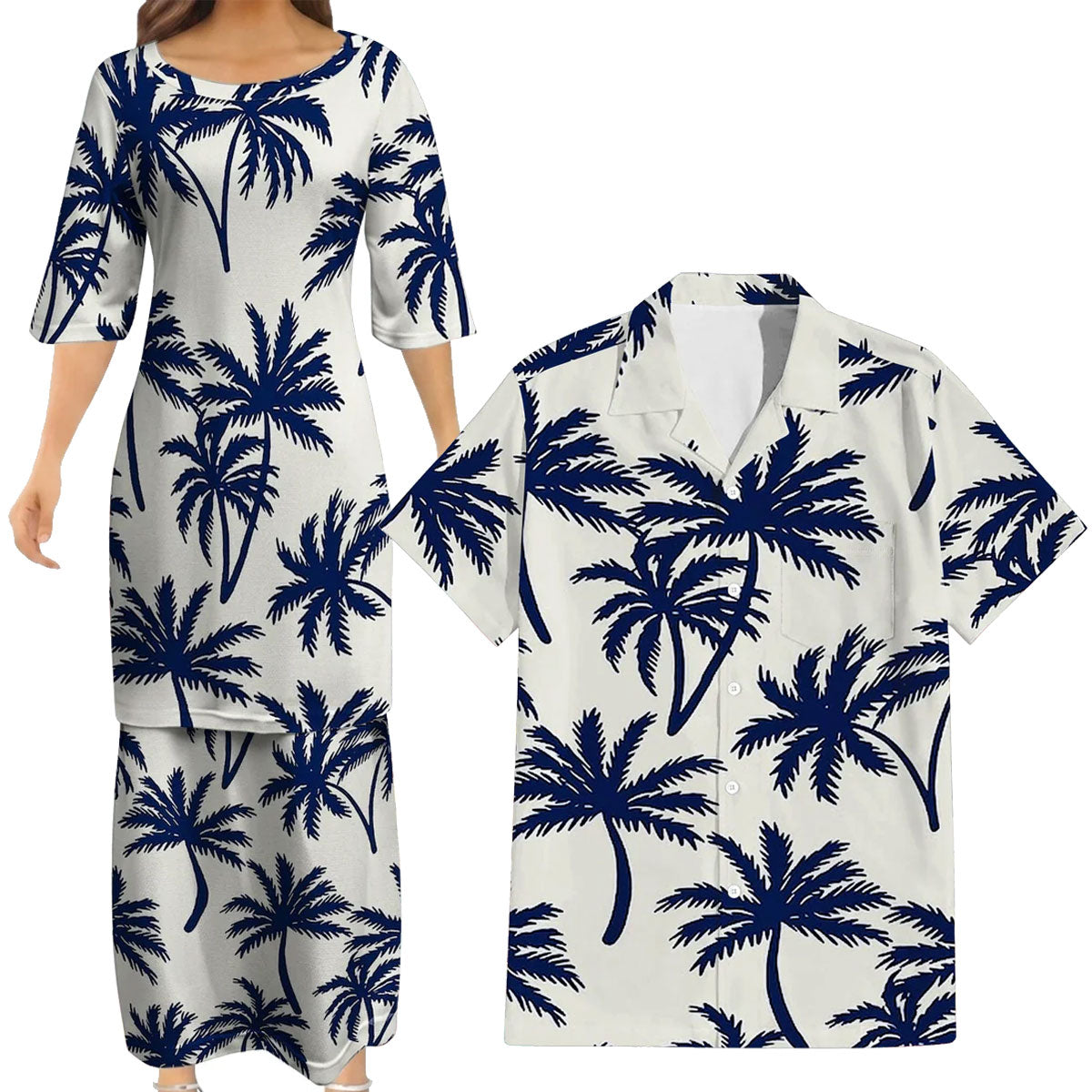 Polynesian Coconut Tree White Matching Outfit For Couple Island Puletasi Dress And Hawaiian Shirt For Her Him