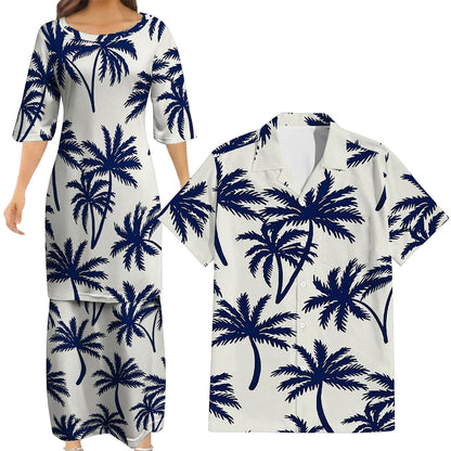 Polynesian Coconut Tree White Matching Outfit For Couple Island Puletasi Dress And Hawaiian Shirt For Her Him
