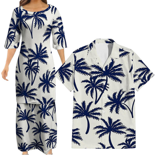 Polynesian Coconut Tree White Matching Outfit For Couple Island Puletasi Dress And Hawaiian Shirt For Her Him