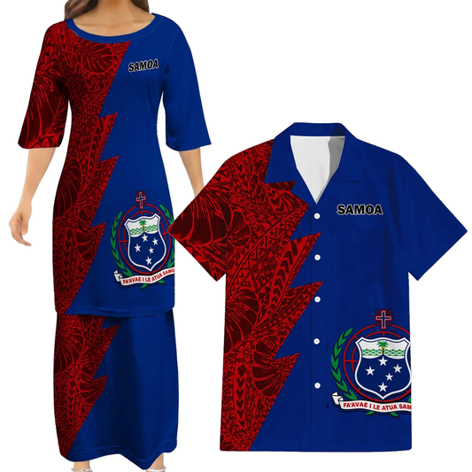 Samoa Coat Of Arms Outfit Matching Polynesian Tribal Leaf Pattern Blue Dress And Hawaiian Shirt