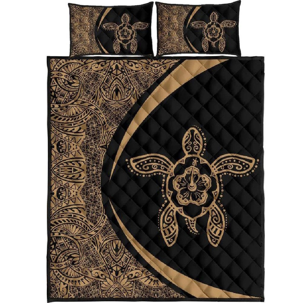 Hawaiian Polynesian Turtle Quilt Bed Set Circle Style Gold