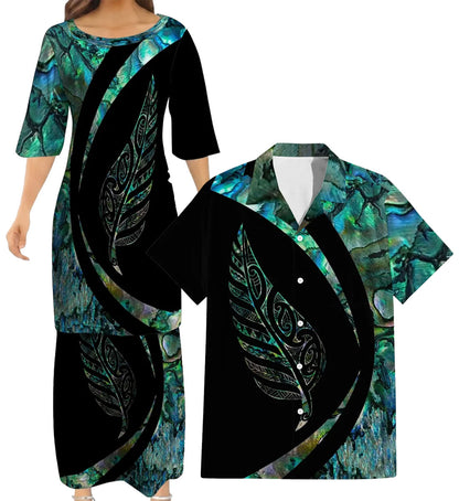 New Zealand Matching Outfit For Couple Curve Style Puletasi Dress And Hawaiian Shirt For Her Him
