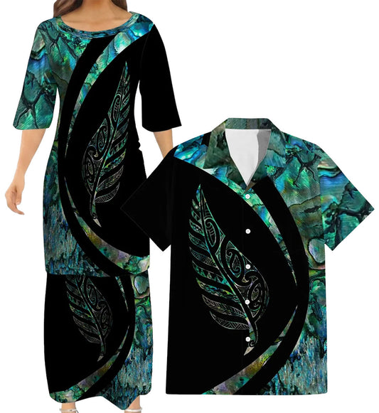 New Zealand Matching Outfit For Couple Curve Style Puletasi Dress And Hawaiian Shirt For Her Him