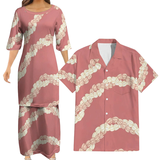 Puakenikeni Pikake Lei Curve Lei Flower Matching Outfit For Couple Island Pink Puletasi Dress And Shirt