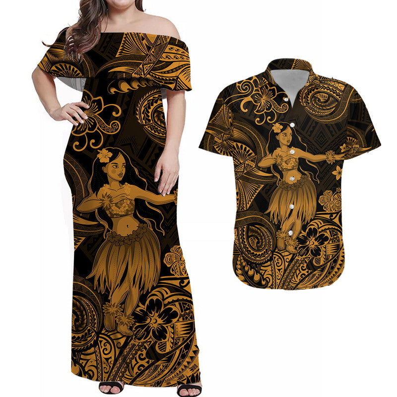Hawaii Hula Girl Polynesian Combo Dress and Hawaiian Shirt Matching Couples Outfit Unique Style Gold