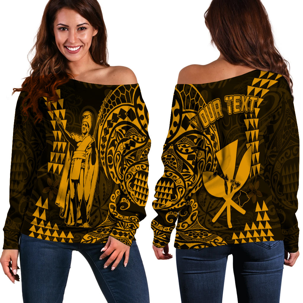 (Custom Personalised) Hawaii Day Kakau Off Shoulder Sweater Proud To Be Hawaiian Gold King Kamehameha and Kanaka Maoli