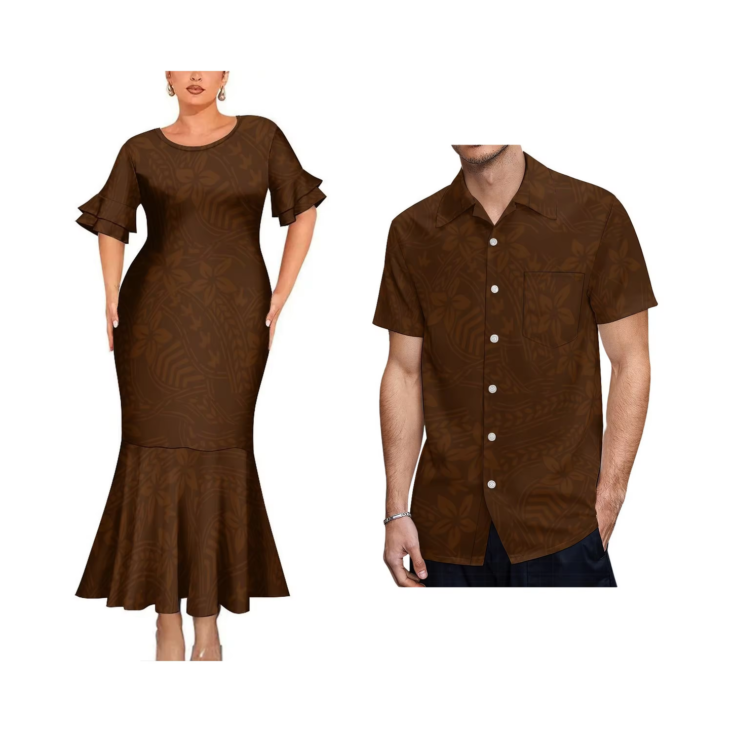 Polynesian Tribal Pattern Brown Matching Outfit For Couple Bodycon Mermaid Dress and Shirt
