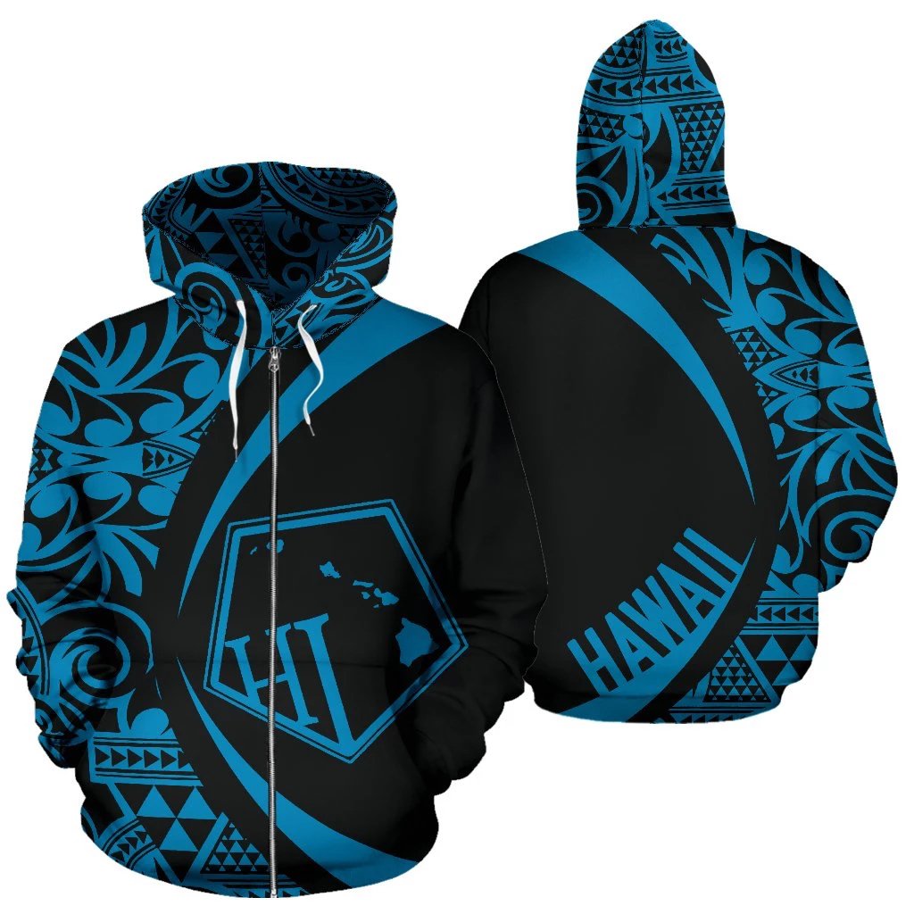 Hawaii Polynesian Tribal Zip-up Hoodie Blue Color 2.0 Circle Style