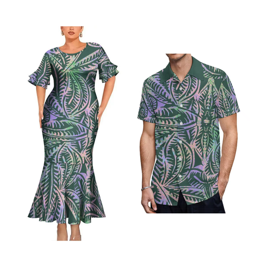 Vintage Polynesian Geometric Couple Matching Outfit Women Crew Neck Mermaid Dress and Shirt