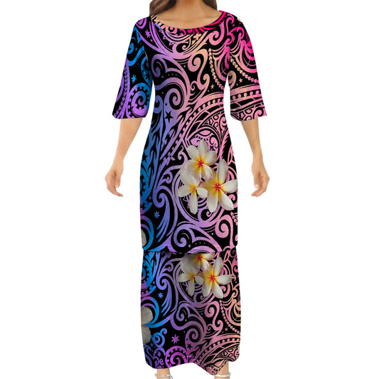 Plumeria Flowers Pattern Yellow Matching Outfit For Couple Island Polynesian Tribal Purple Puletasi Dress And Shirt