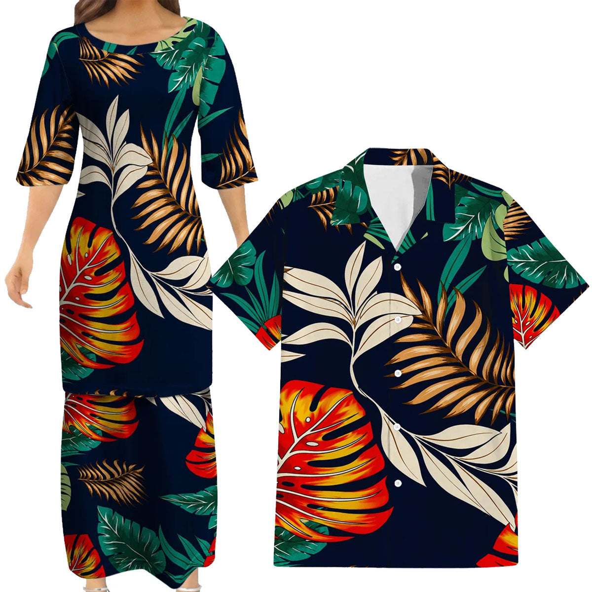 Polynesian Leaf Pattern Matching Outfit For Couple Island Puletasi Dress And Hawaiian Shirt For Her Him